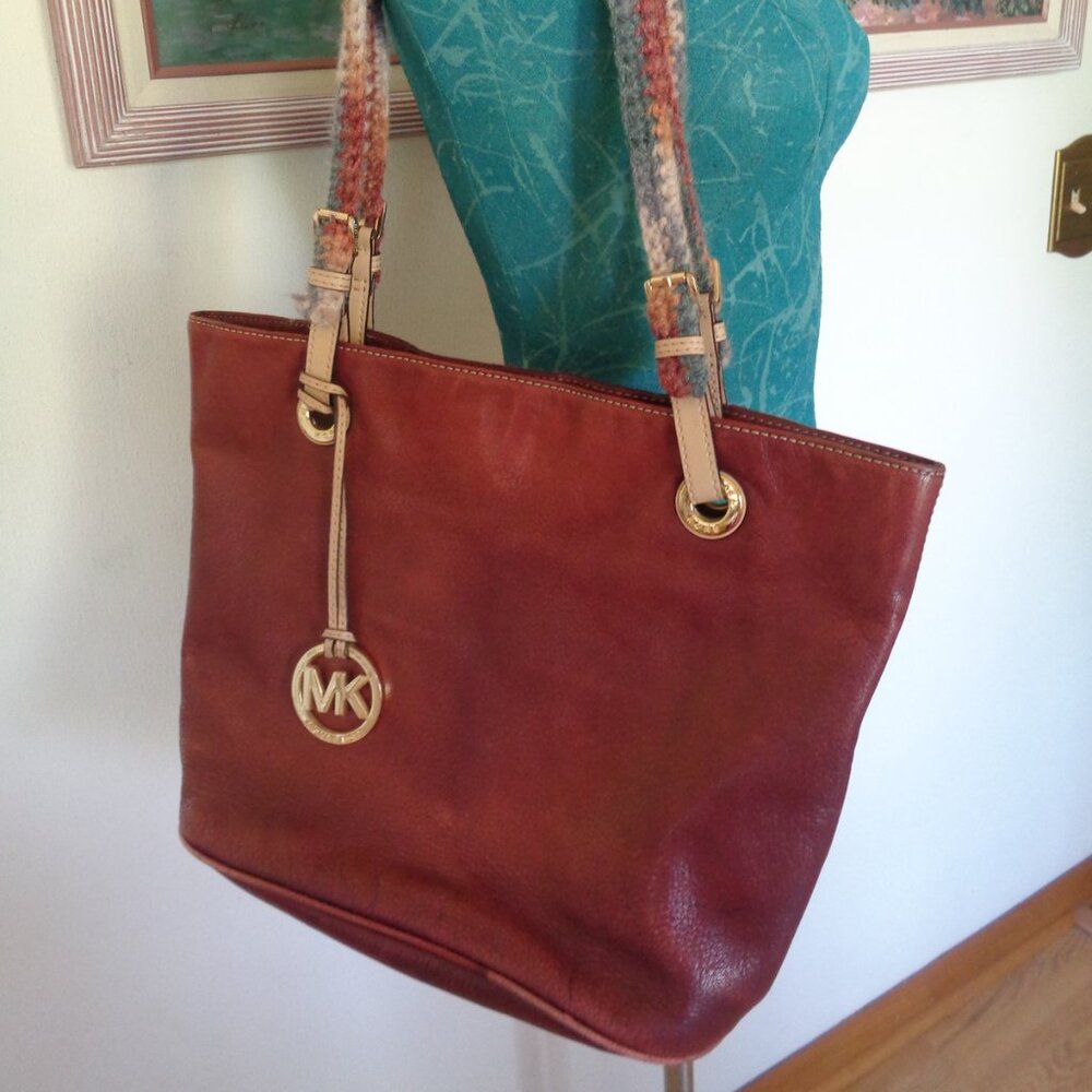 Michael Kors Leather Satchel Brown Red Ombre Shade with Crochet Shoulder Straps